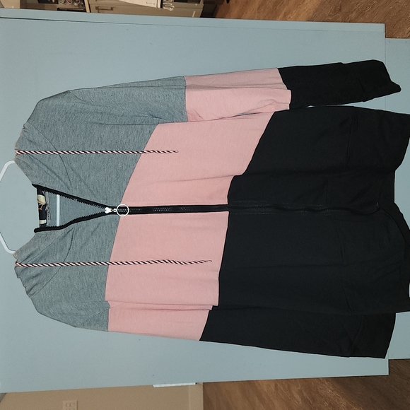 Pink Color Block Floral-Lined Four-Pocket Zip-Up Hoodie - Picture 2 of 5